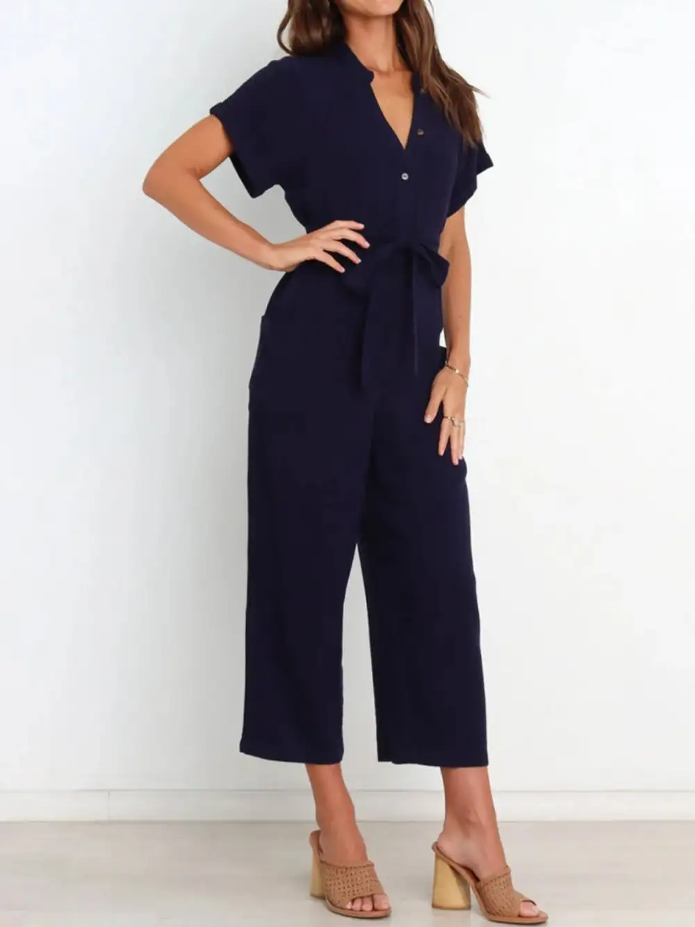 Notched Short Sleeve Tie Waist Jumpsuit Shorts