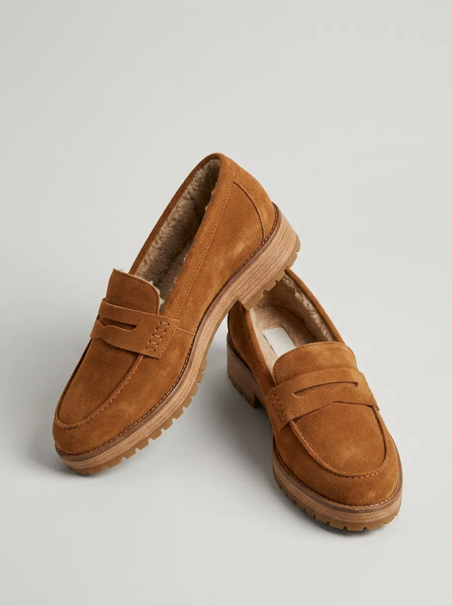 Women's Classic Faux Fur Lined Winter Suede Wood Sole Loafers