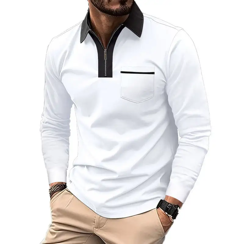 Stand Collar Chest Pocket Long Sleeve Polo Shirt