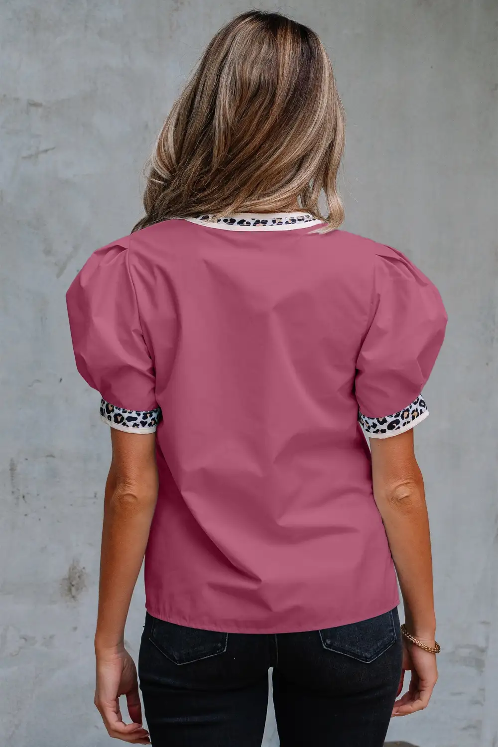 Leopard Print Puff Sleeve Split Neck Blouse