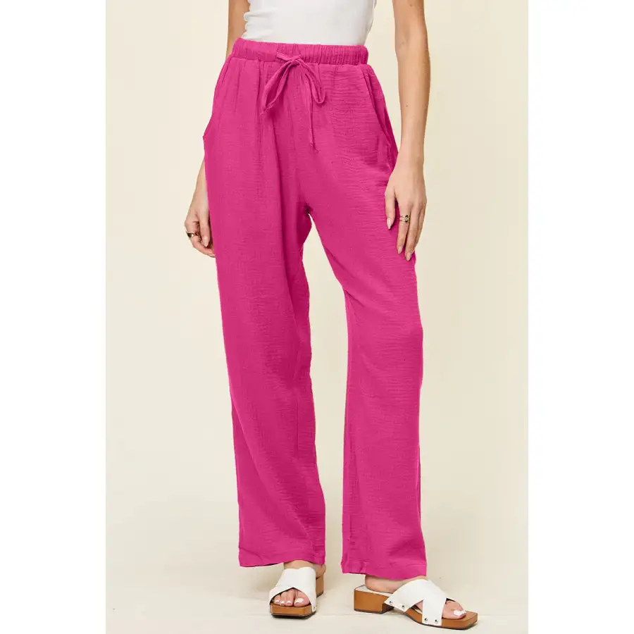 Full Size Texture Drawstring Straight Pants