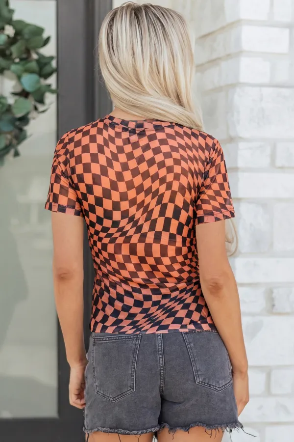 Orange Checkered Print Crew Neck Tee