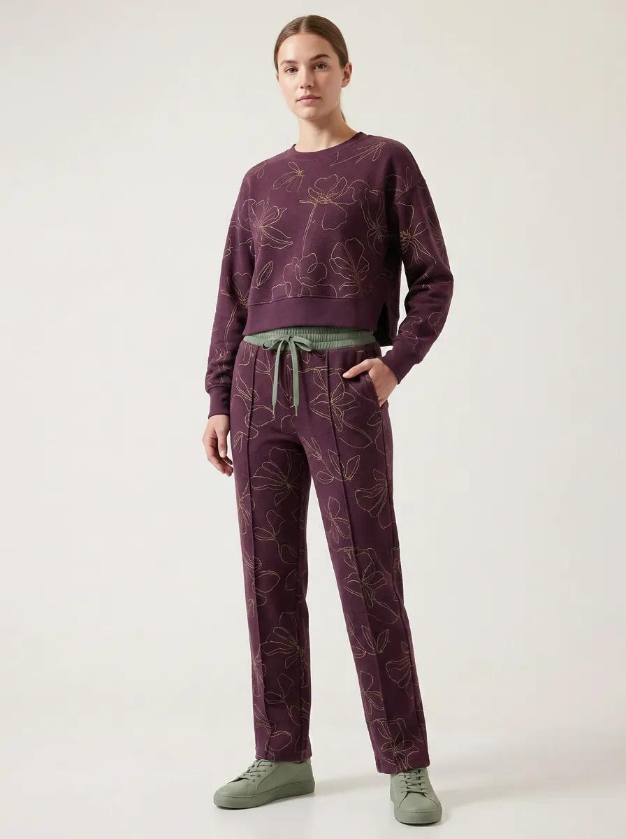 Women's Floral Line Art Purple Printed Lounge Set