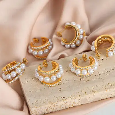 Pearl C Hoop Drop Earrings