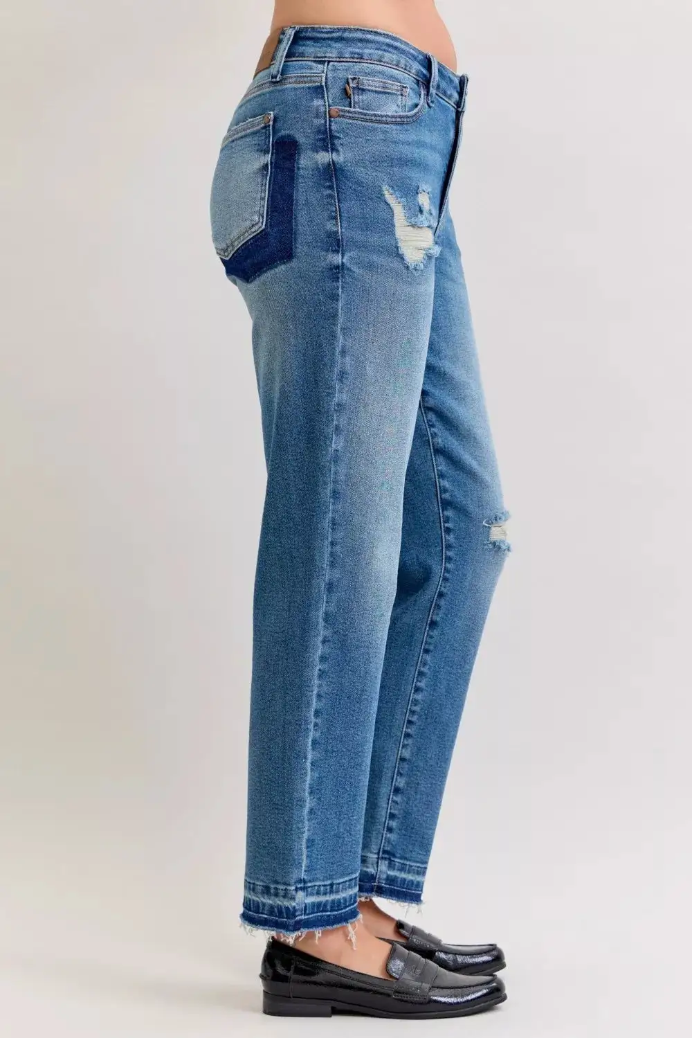 Mid Rise Raw Hem Distressed Boyfriend Jeans