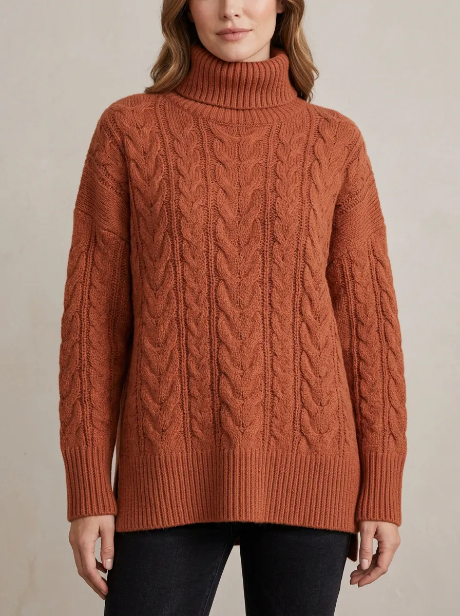 Women's Rust Orange Cable Knit Turtleneck Sweater