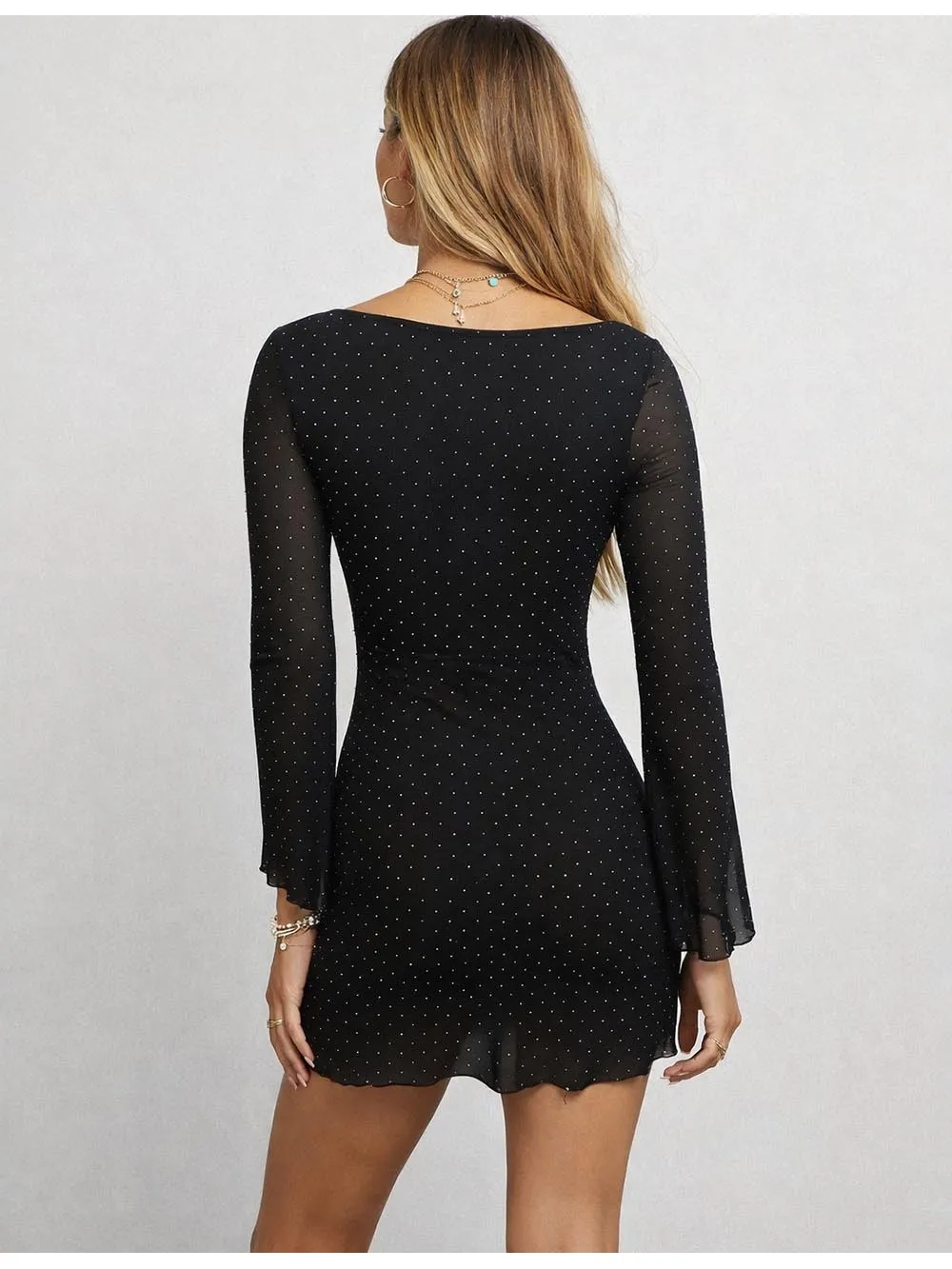 Rhinestone Square Neck Flared Sleeves Chic Mini Dress
