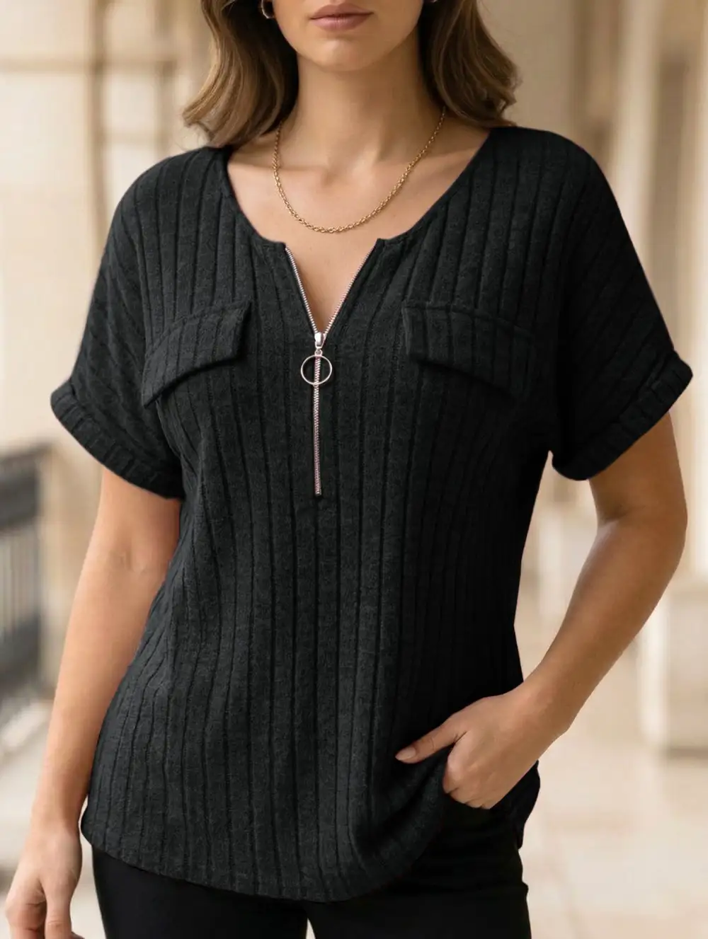 Ribbed V-Neck Knit Top