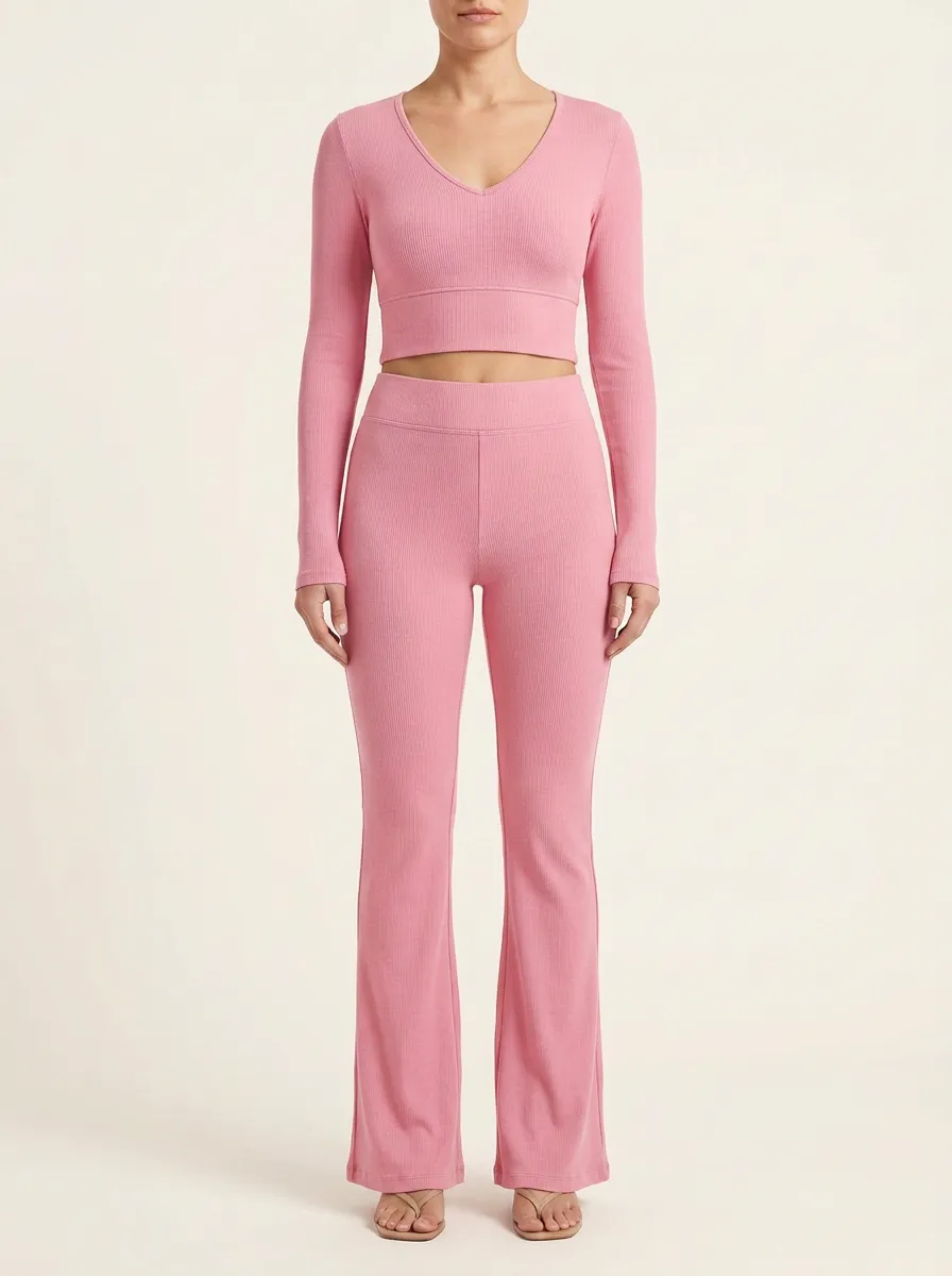 Women's Ribbed V-Neck Crop Top and Clean-Waist Flare Pant Set