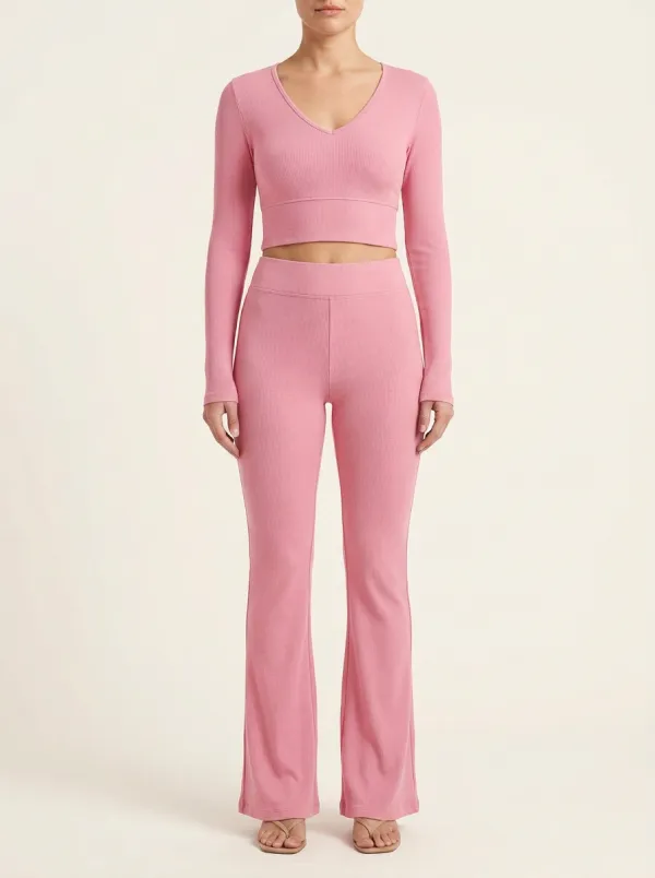 Women's Ribbed V-Neck Crop Top and Clean-Waist Flare Pant Set