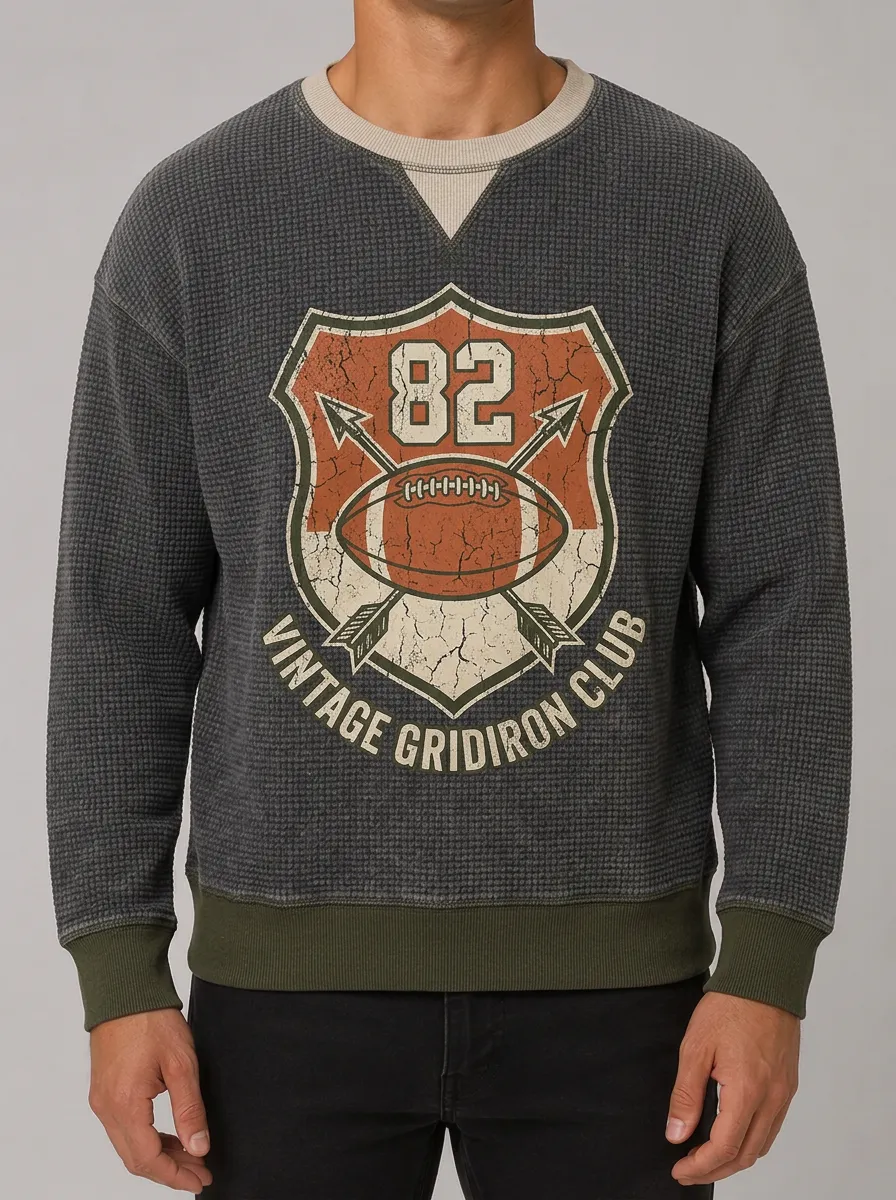 Men's American Football Lover Vintage Gridiron Club Printed Waffle Sweatshirt