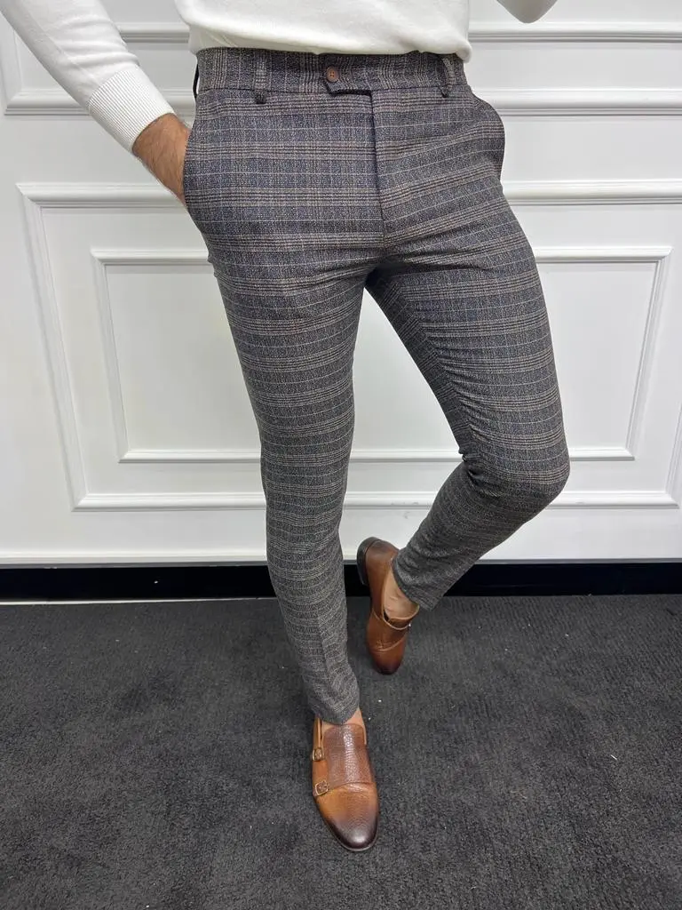 Modern Slim Fit Striped Plaid Tailored Trousers