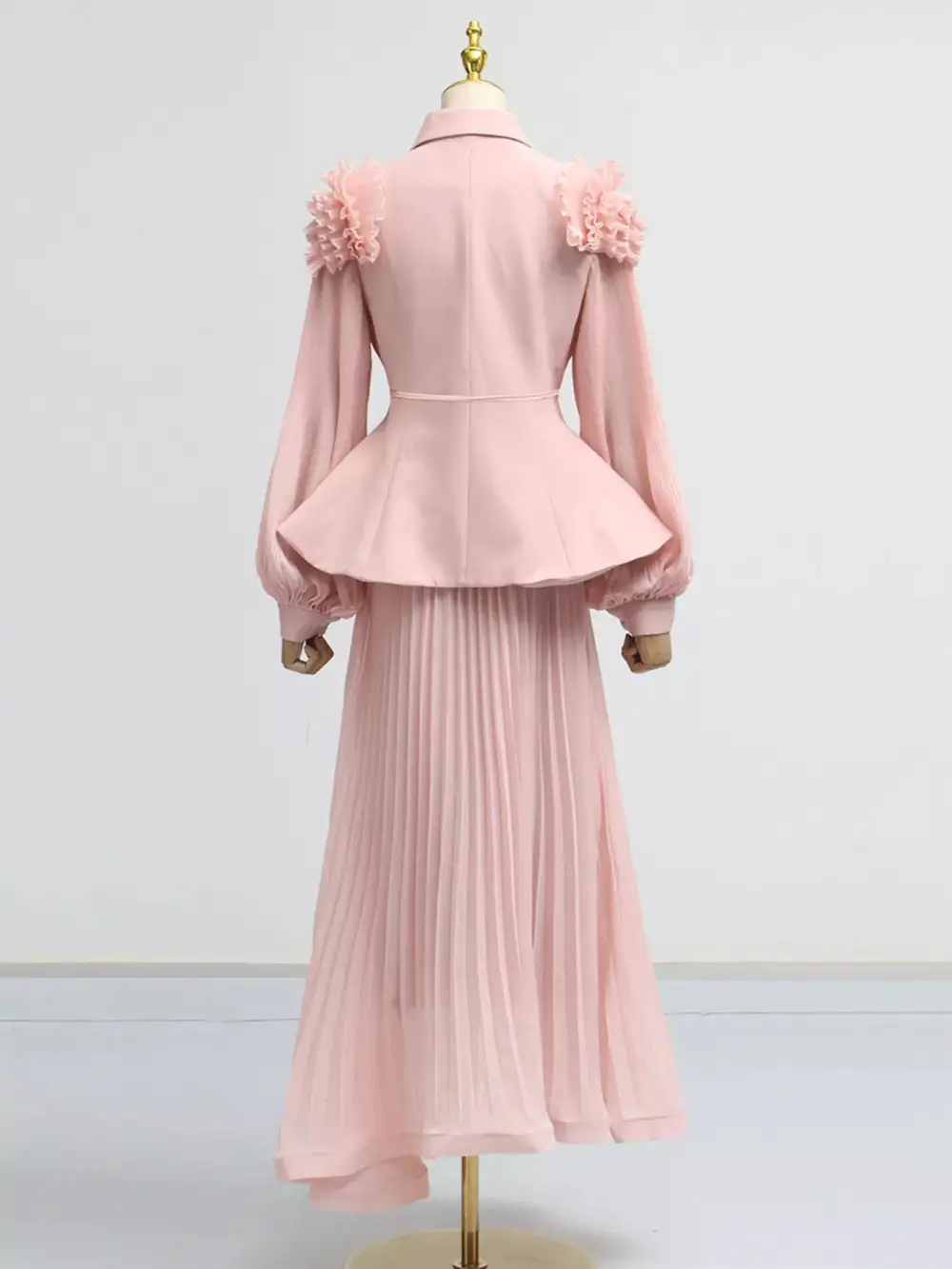 Frill Lapel Collar Top and Pleated Skirt Set