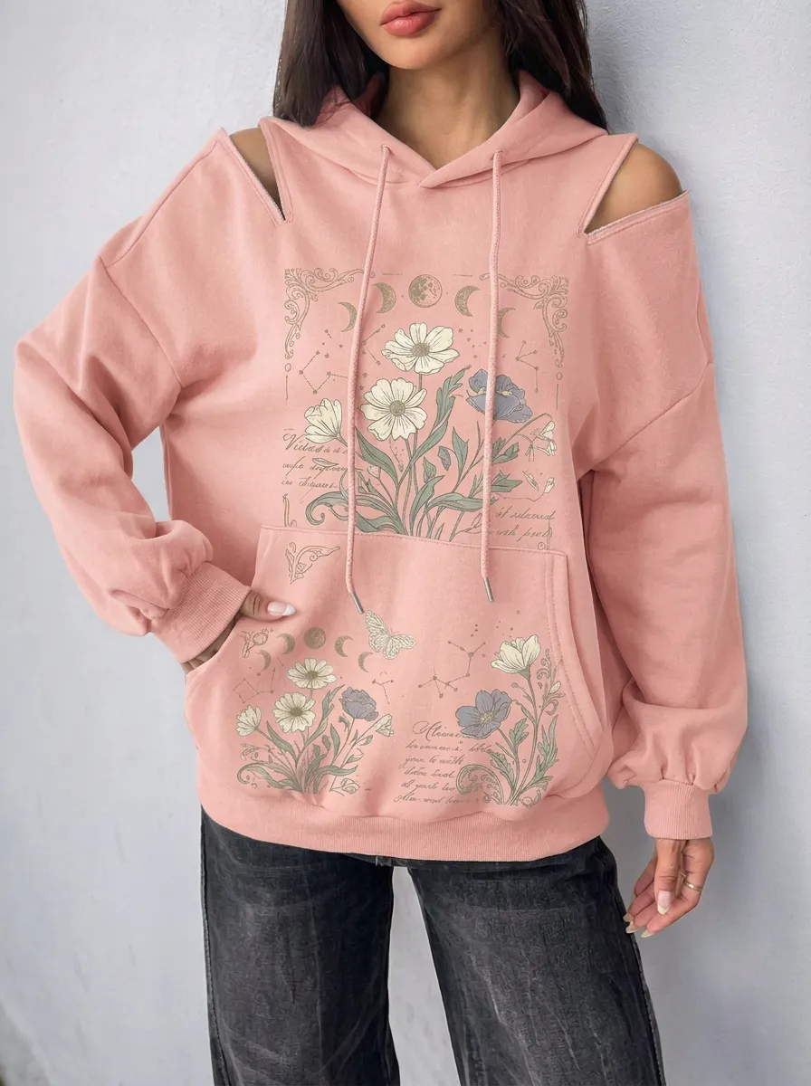 Women's Celestial Floral Butterfly Printed Cold Shoulder Hoodie