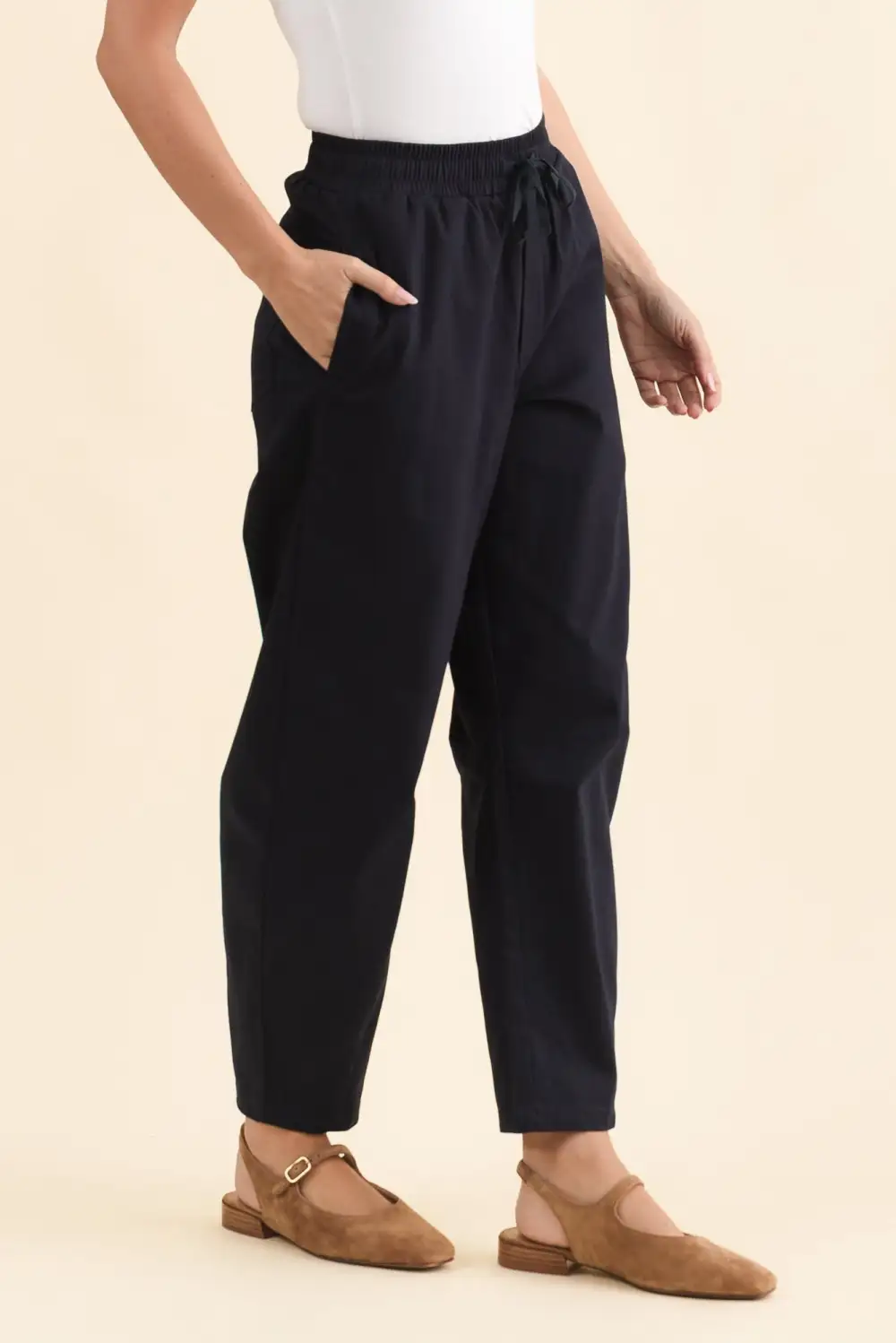 Barrel Leg Pants With Mid Rise And Elastic Waist