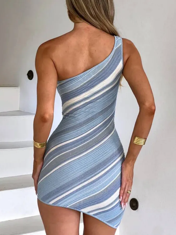 Striped One Shoulder Stretch Elegant Mini Dress