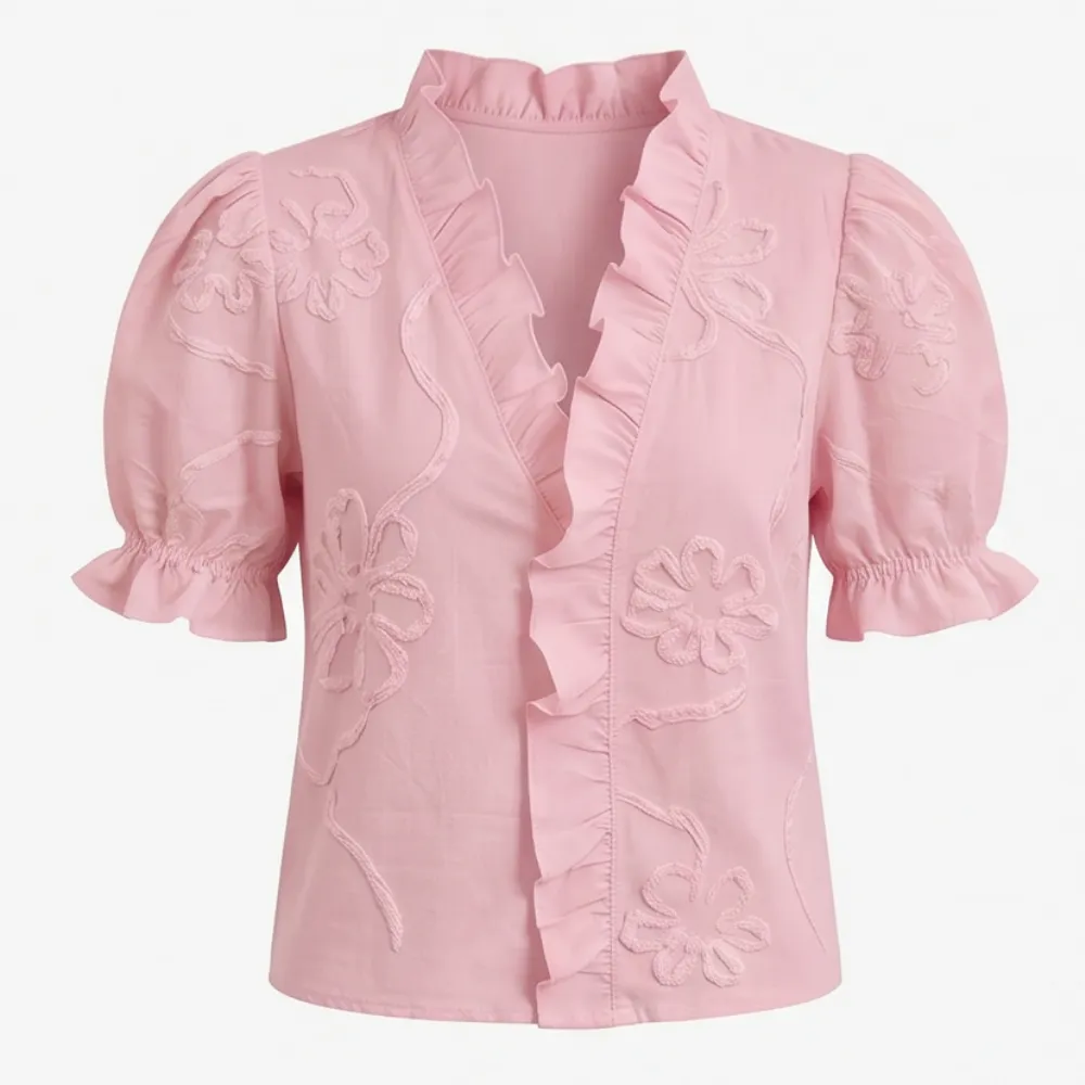 Ruffled V Neck Puff Sleeve Blouse