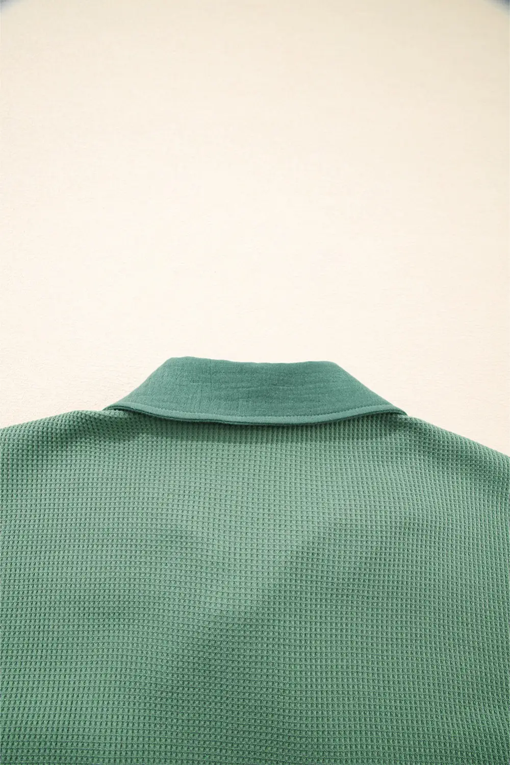 Grass Green Waffle Knit Vintage Patchwork Button Up Loose Shirt