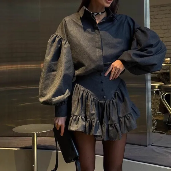 Flowing Lantern Sleeve Blouse And Flounce Skirt Set