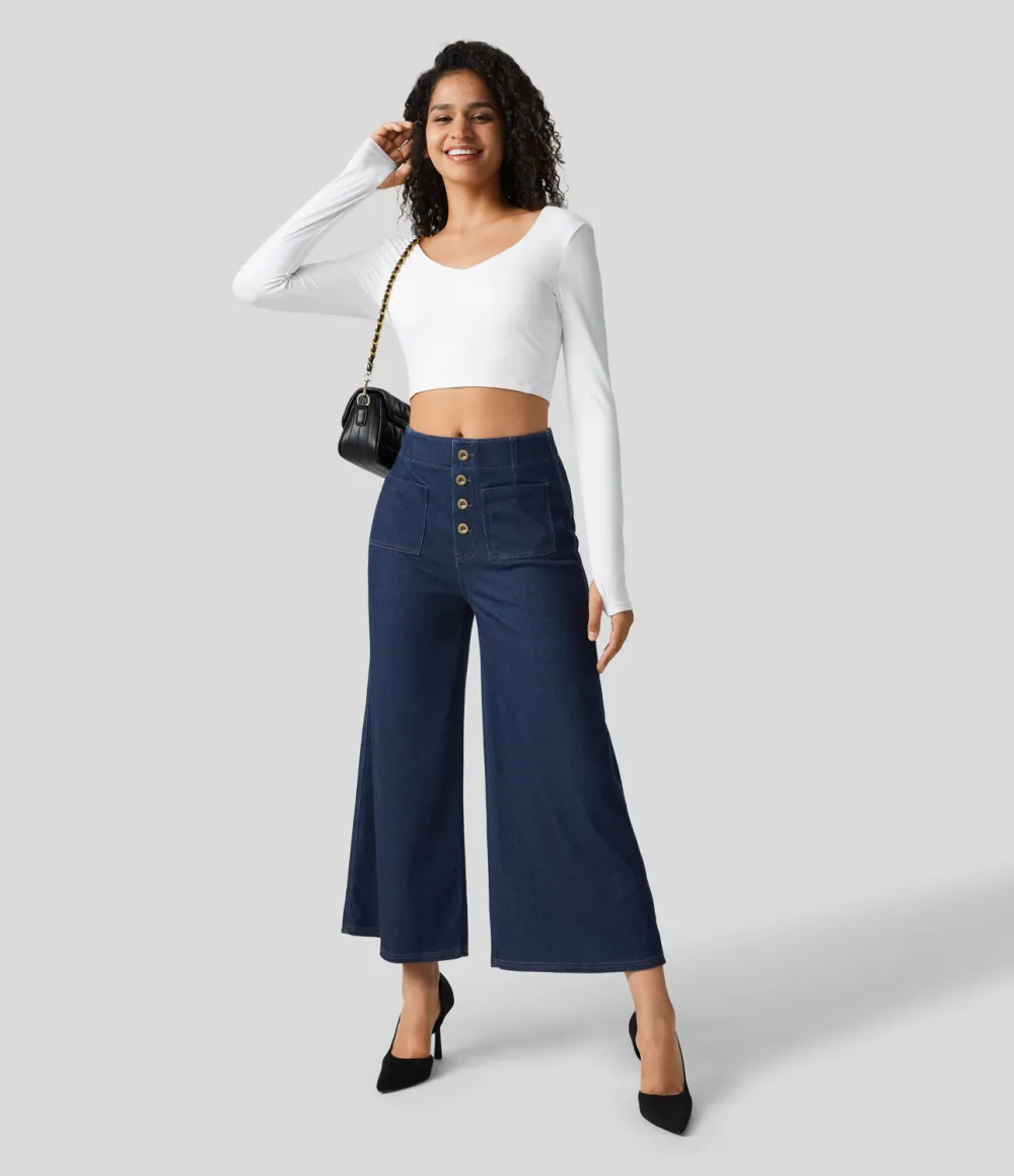 Magic High Waisted Button Pockets Washed Stretchy Knit Casual Wide Leg Jeans