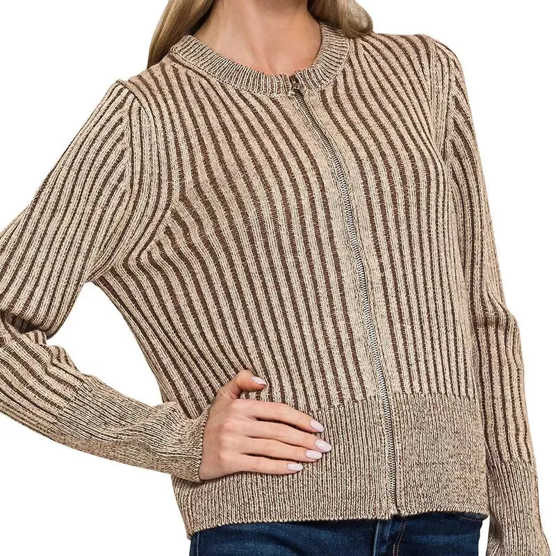 Two Tone Zip Up Ribbed Knit Cardigan