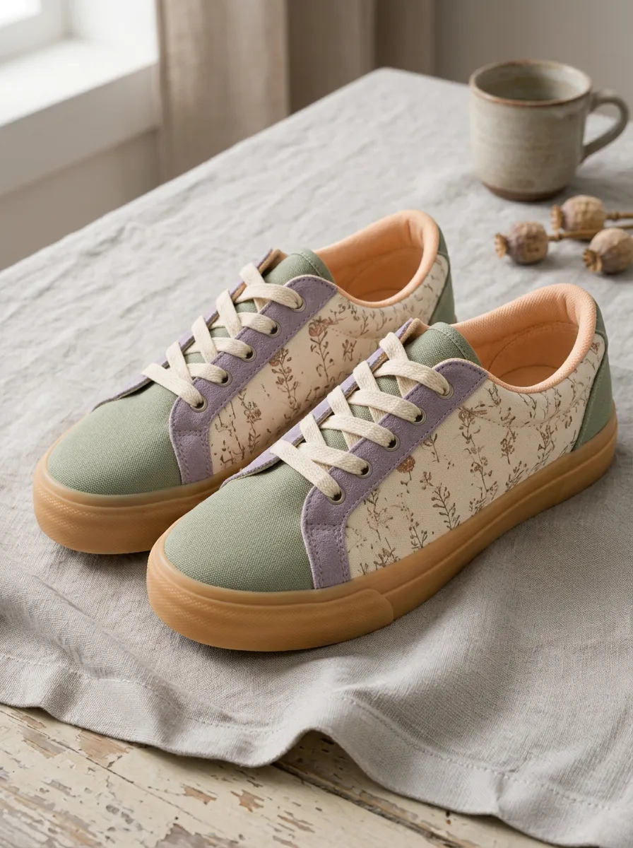 Women's Floral Botanical Print Sage Green Purple Canvas Sneakers