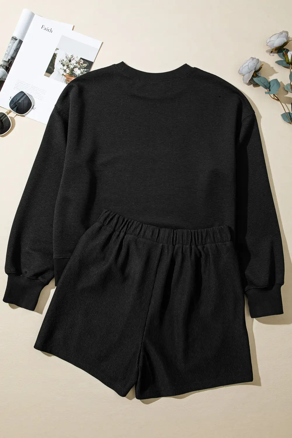 Women's Ribbed Texture Baggy Drop Shoulder Pullover and Shorts Set