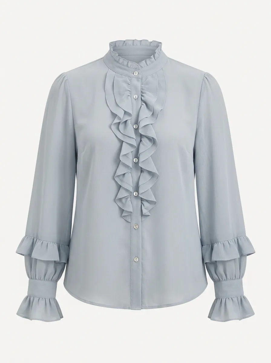 Women's Vintage Ruffle Trim Button Down Long Sleeve Blouse