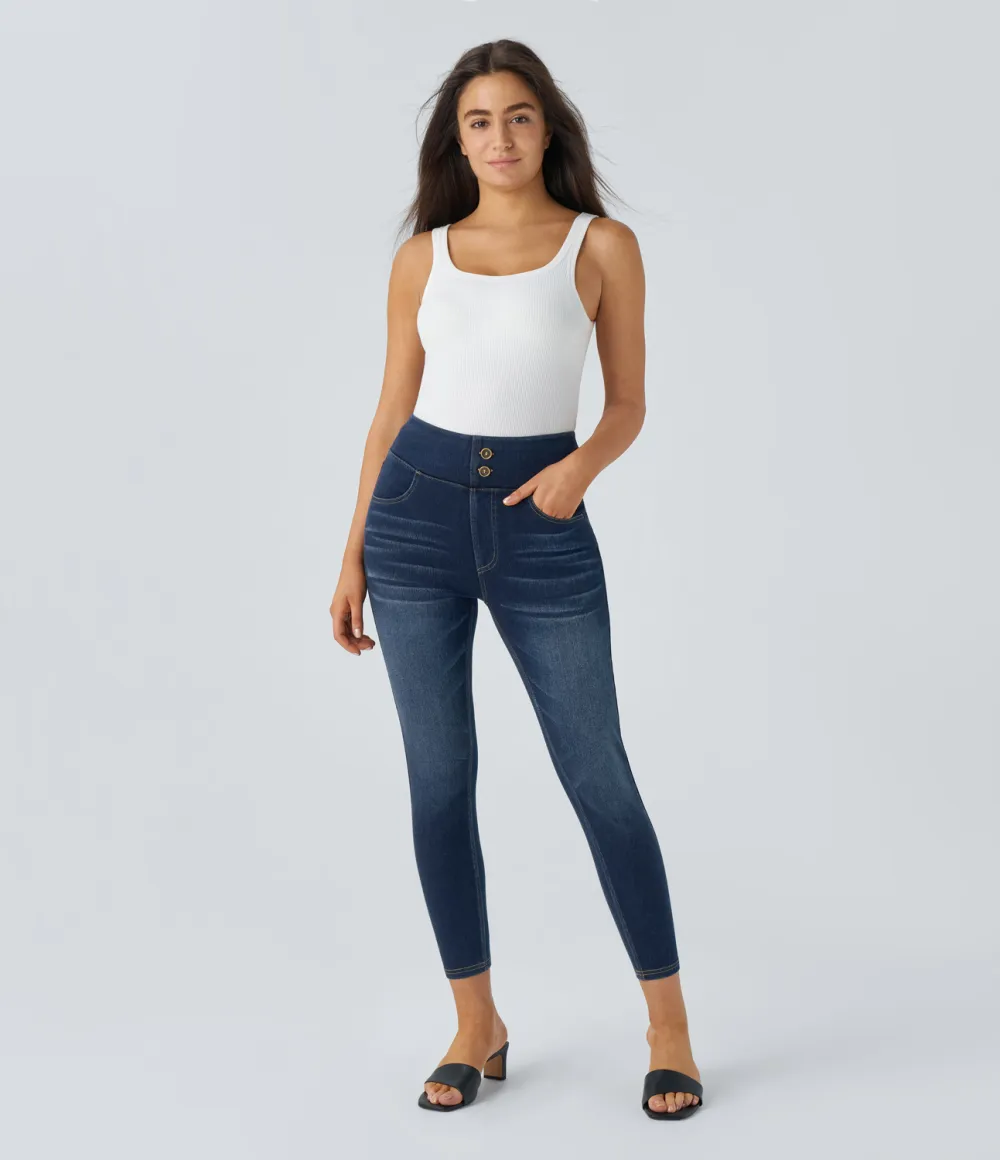 Magic Curvy High Waisted Decorative Button Multiple Pockets Washed Stretchy Knit Casual 7/8 Jeans