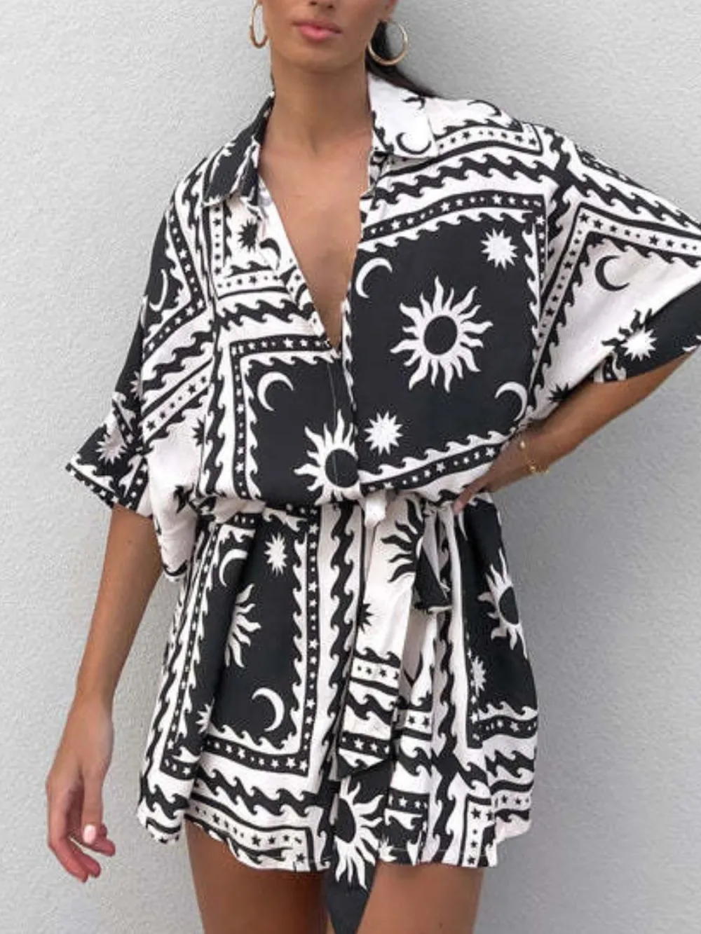 Tie Waist Half Sleeve Romper