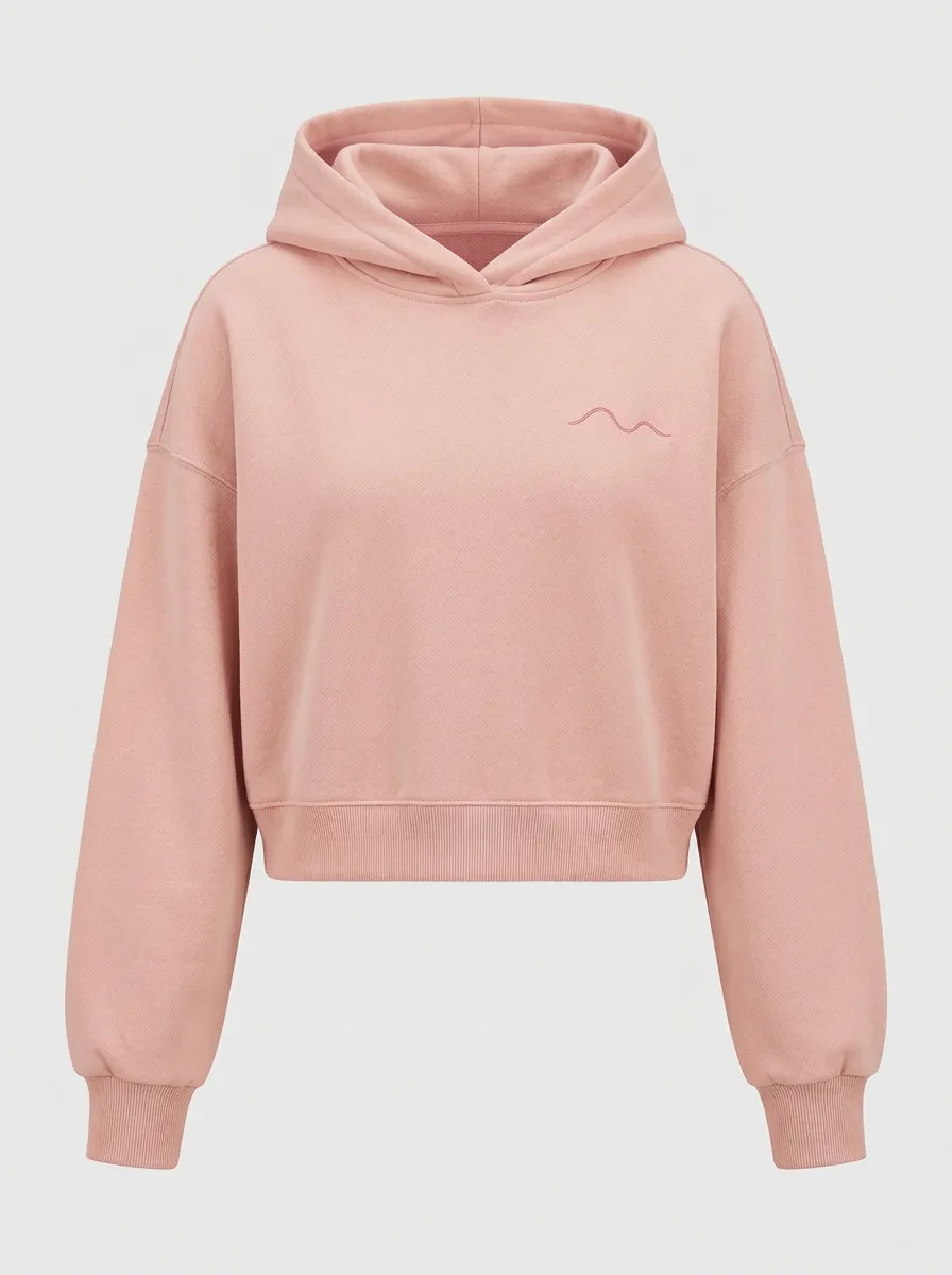 Women's Minimalist Beige Wave Embroidered Cropped Hoodie