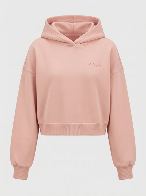 Women's Minimalist Beige Wave Embroidered Cropped Hoodie