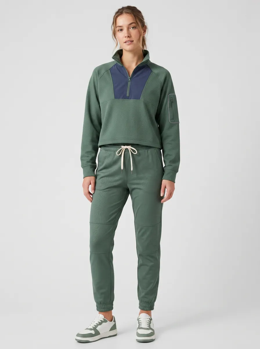 Women's Activewear Green Quarter-Zip Textured Printed Tracksuit Set