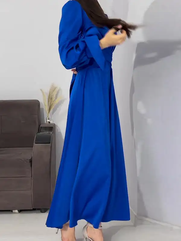 Sleeves Color Pleated Long Neck Maxi Dress