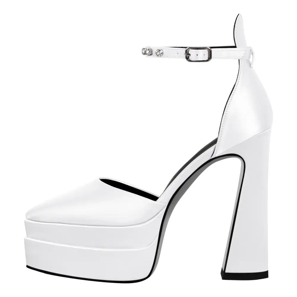 Satin Finish Rhinestone Pointed Toe Double Platform Chunky Heel Pumps