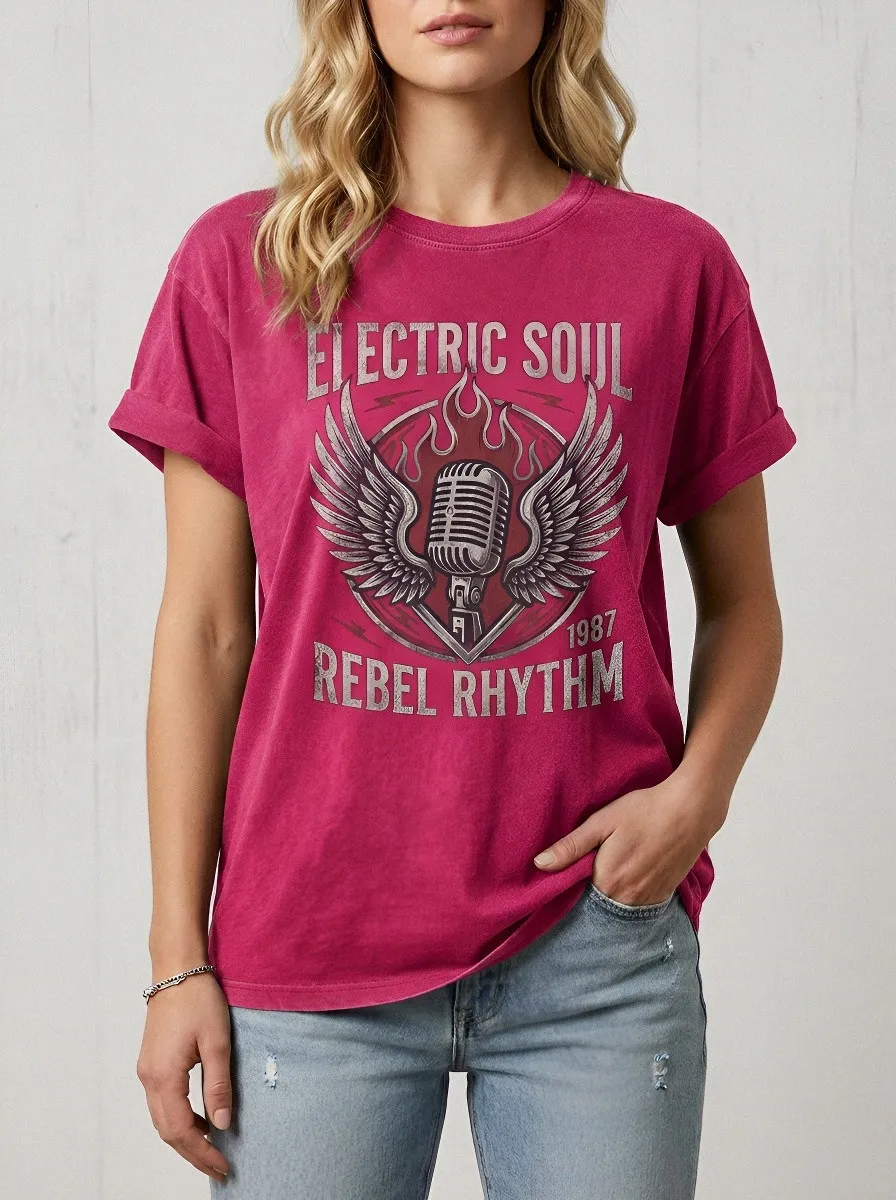 Women's Rock Music Lover Electric Soul Winged Microphone Printed T-shirt