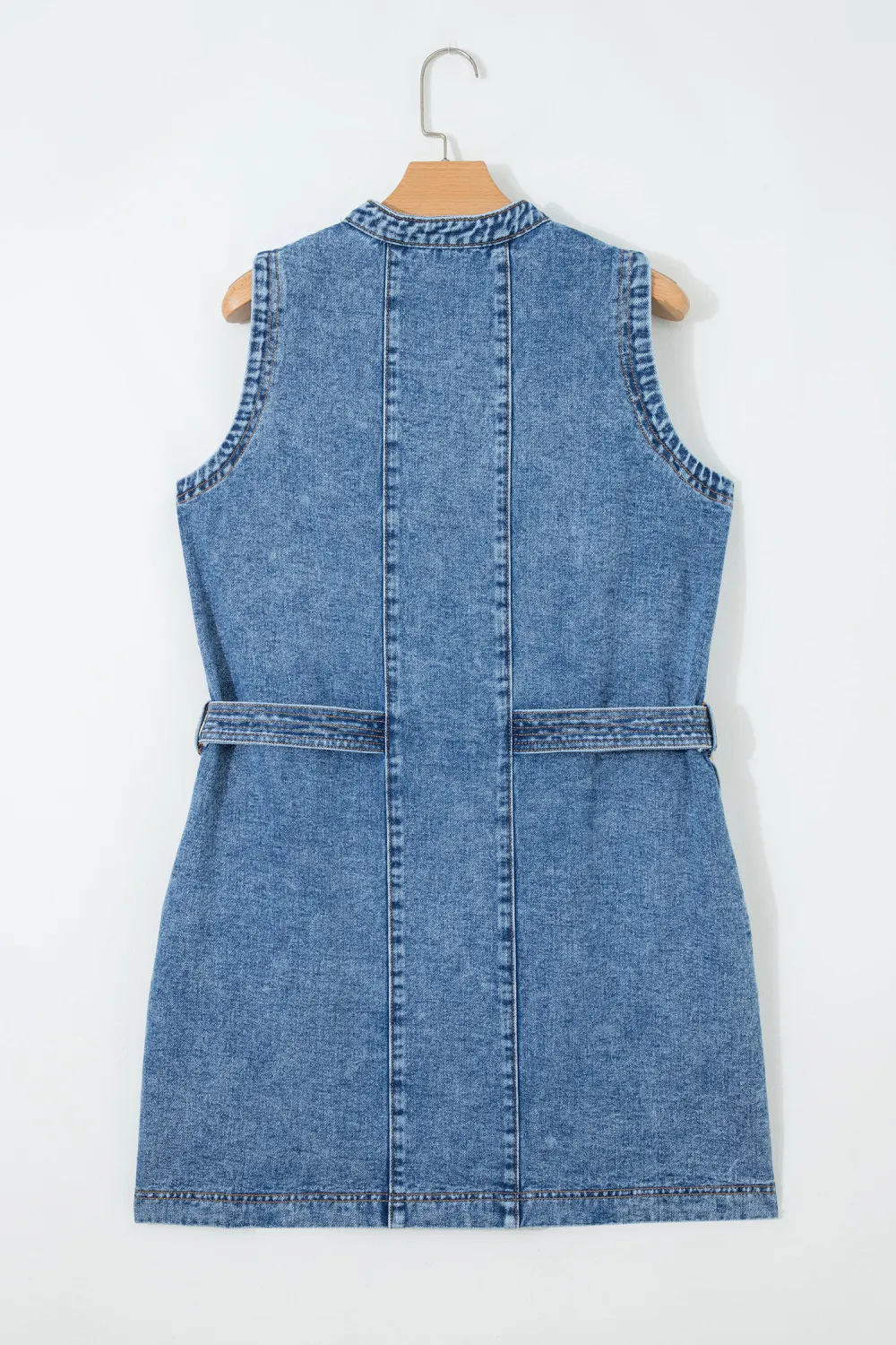 Blue Belted Sleeveless Denim Dress