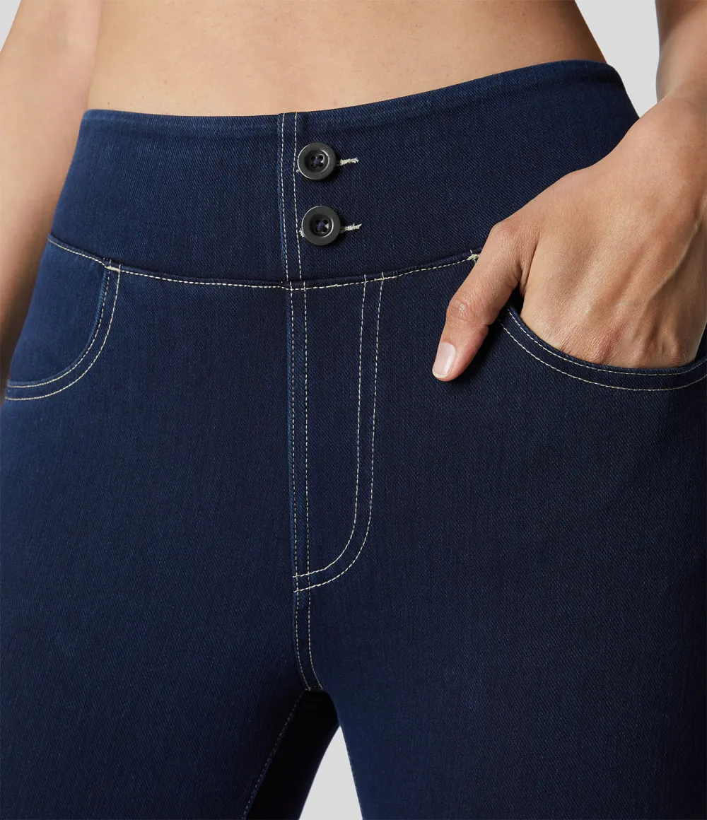 Magic Curvy High Waisted Decorative Button Multiple Pockets Stretchy Knit Denim Casual 7/8 Leggings