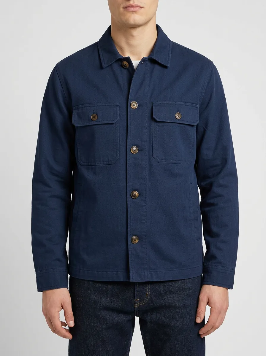 Men's Casual Navy Blue Button-Up Utility Jacket