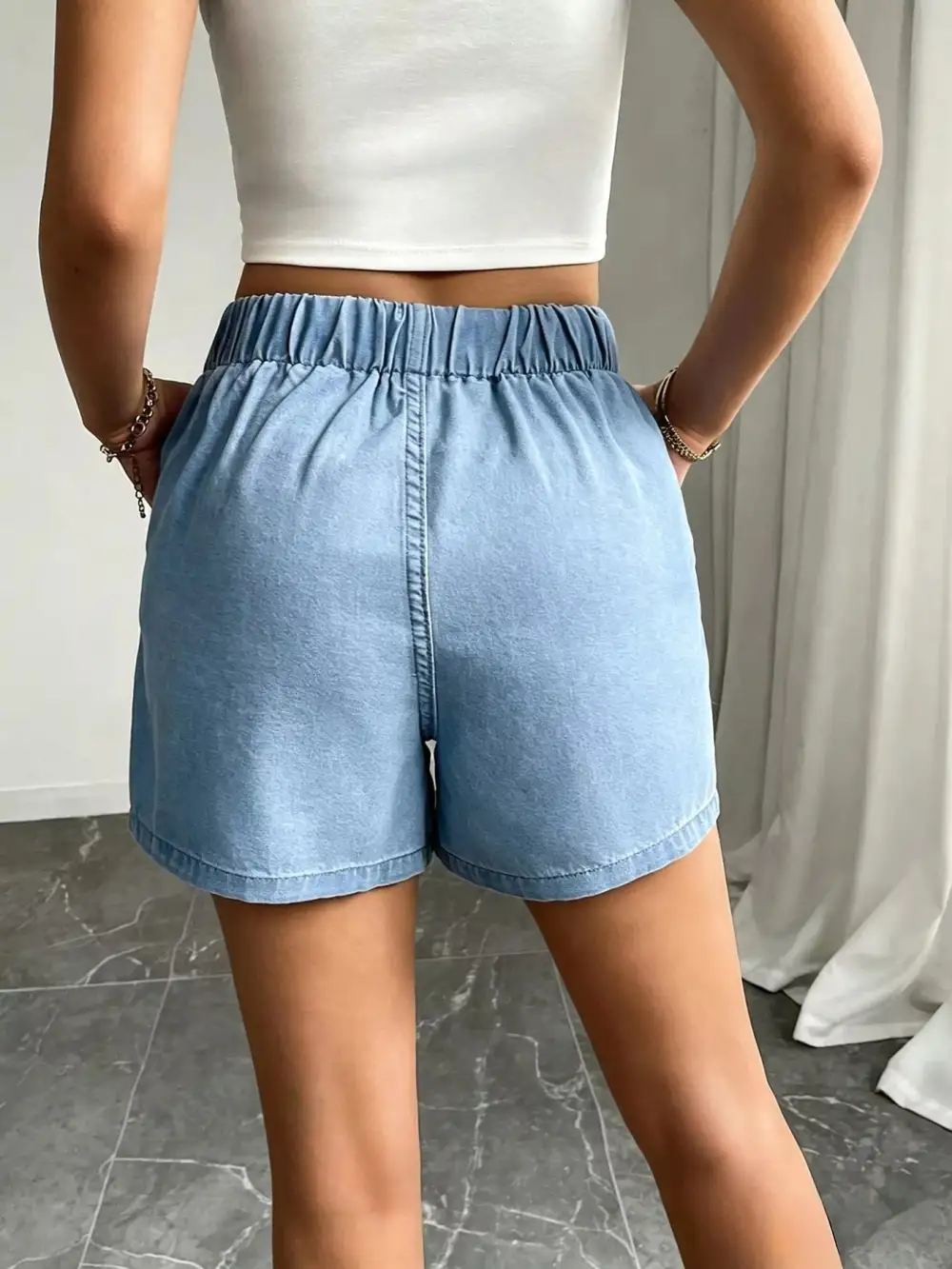 High-Waist Drawstring Pocketed Cotton Denim Shorts