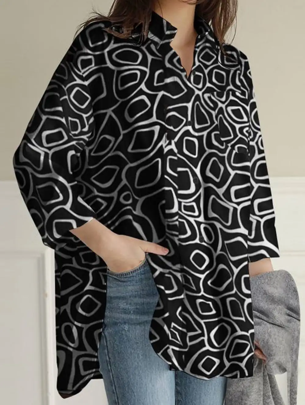 Printed Lapel Long-Sleeved Tunic Top