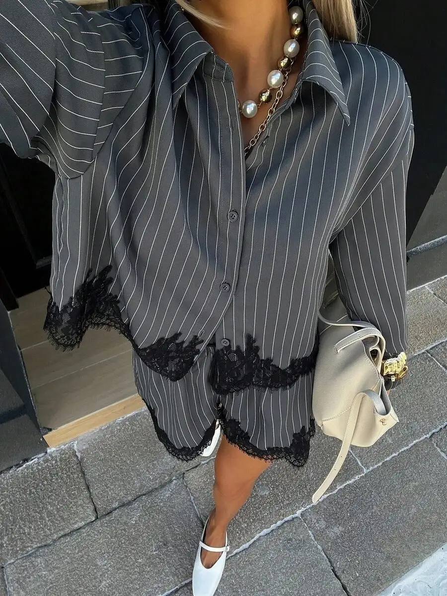 Drawstring Long-Sleeve Buttoned Women's Matching Set