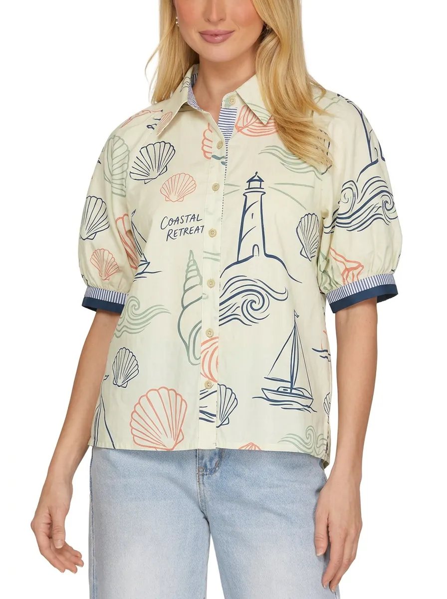 Women's Coastal Retreat Lighthouse Seashell Printed Shirt