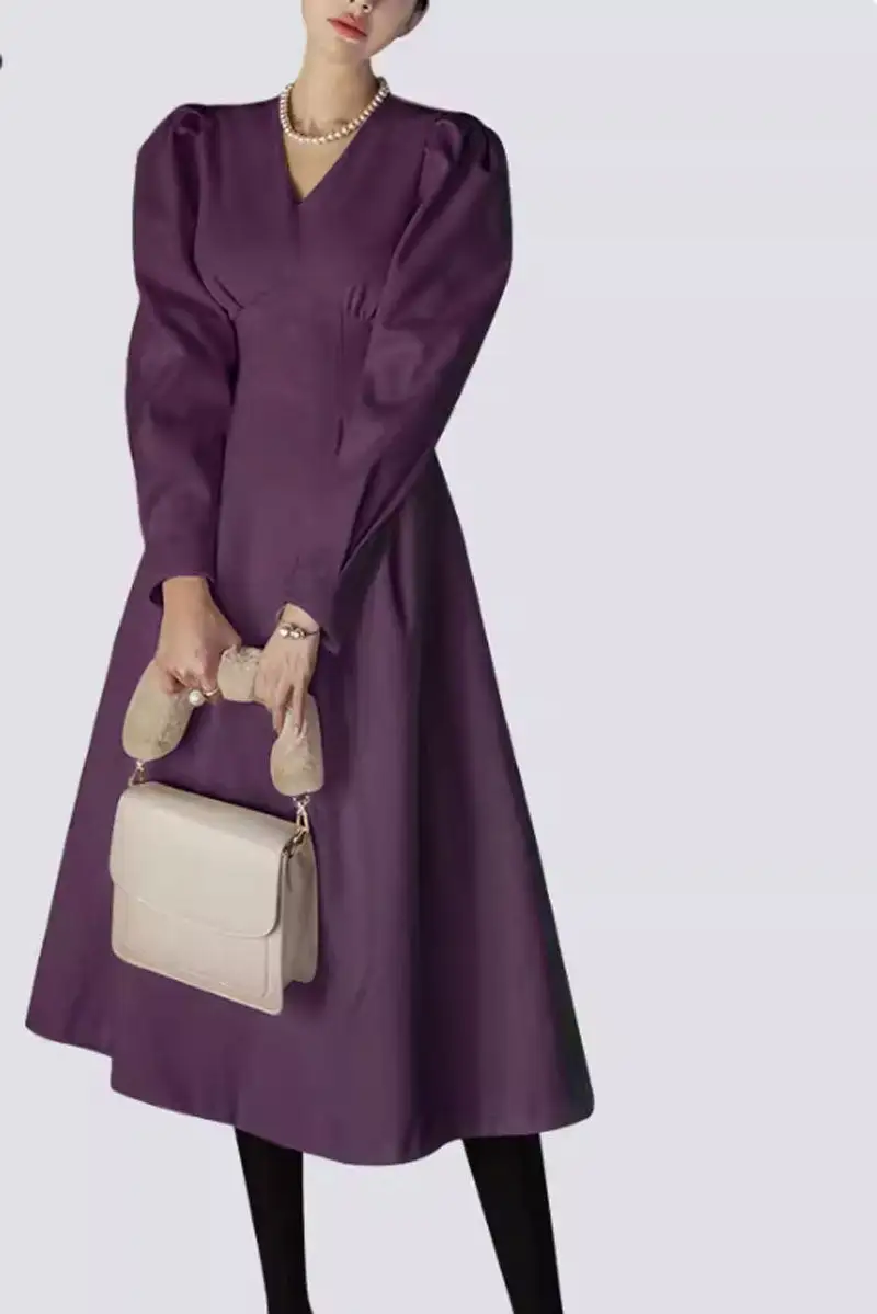 Classic Wool Blend A Line V Neck Long Sleeve Midi Dress