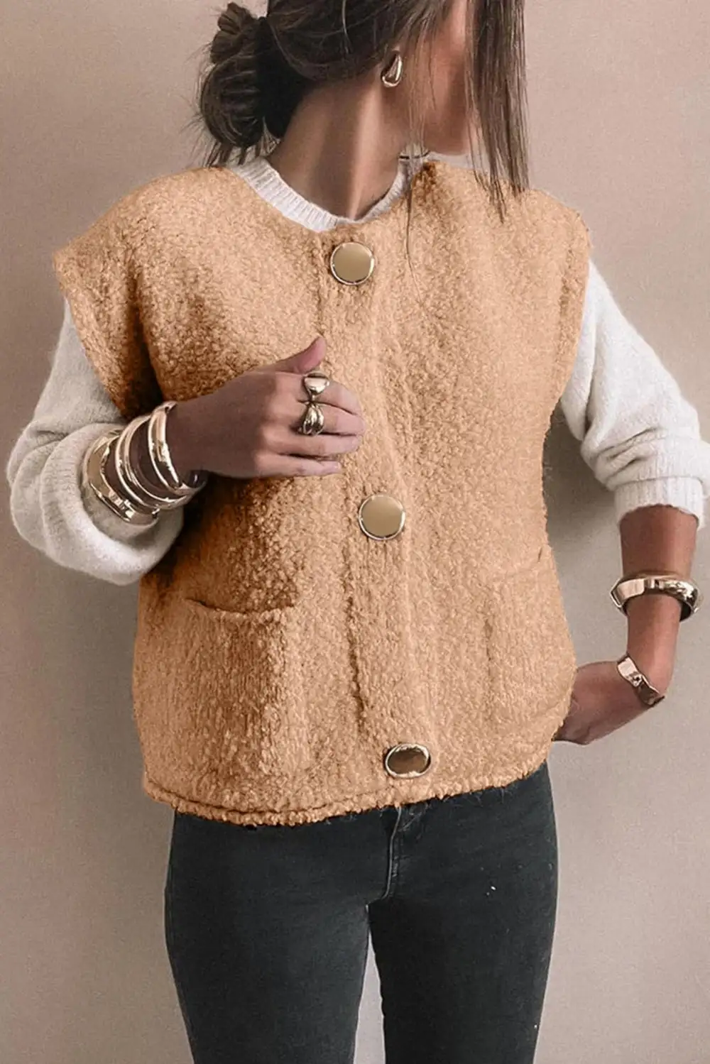 Big Button Fuzzy Pocket Vest