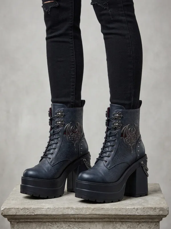 Dark Bat Rose Spider Web Edit Women's Gothic Platform Boots