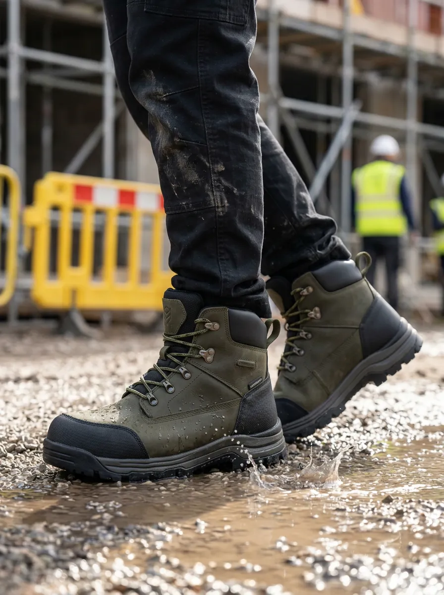 Unisex Olive Green Waterproof Construction Printed Work Boots