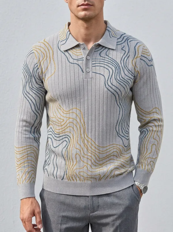 Men's Outdoor Adventure Topographic Map Printed Long Sleeve Polo Shirt Modern Pattern