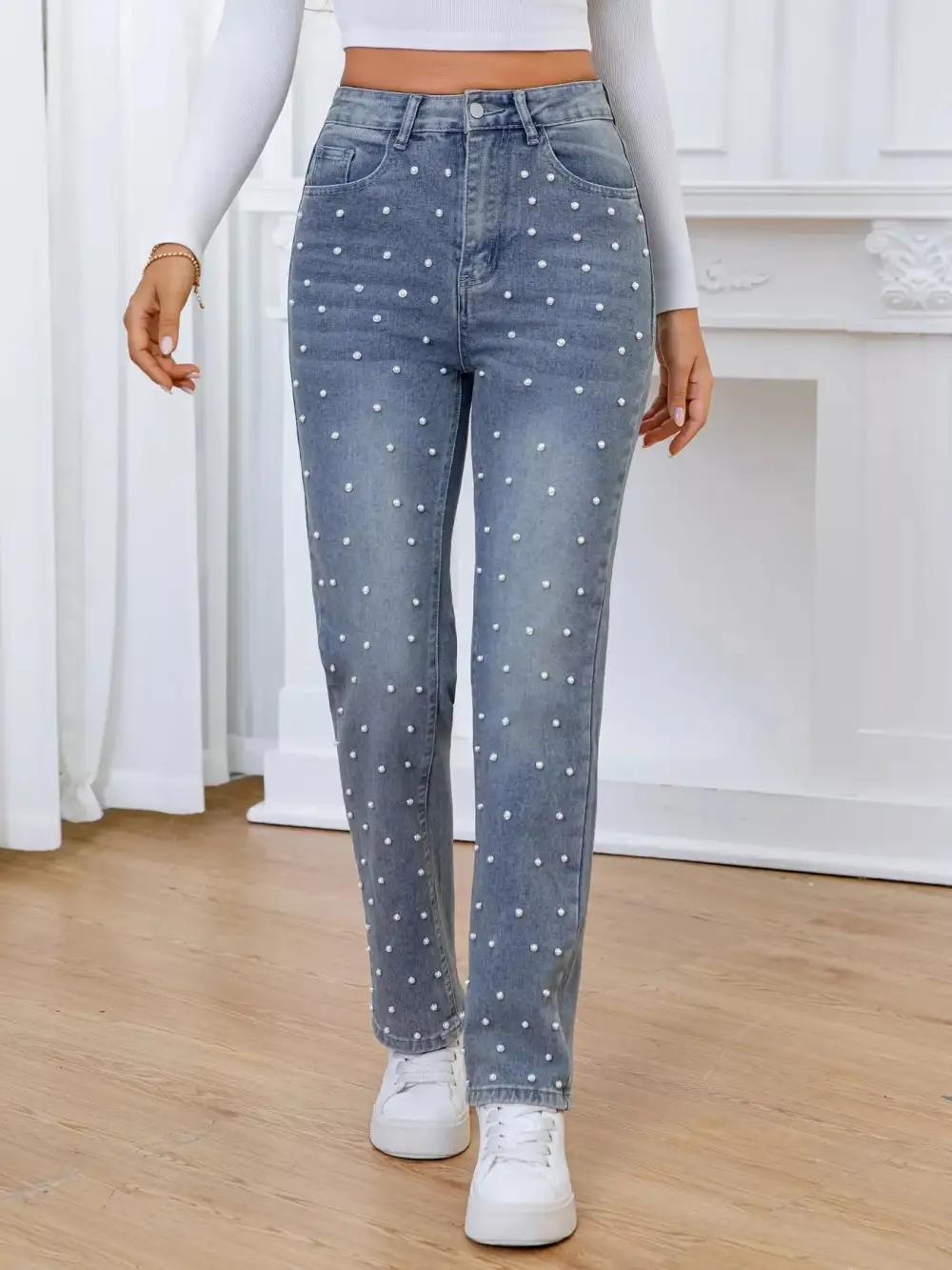 Denim High Rise Straight Leg Pocketed Jeans