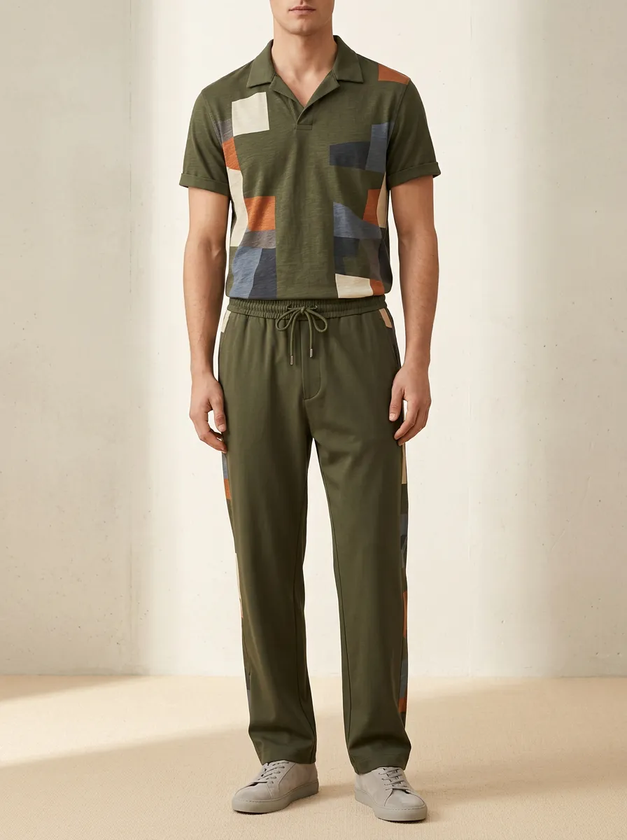 Men's Geometric Colorblock Printed Casual Lounge Set Everyday Design